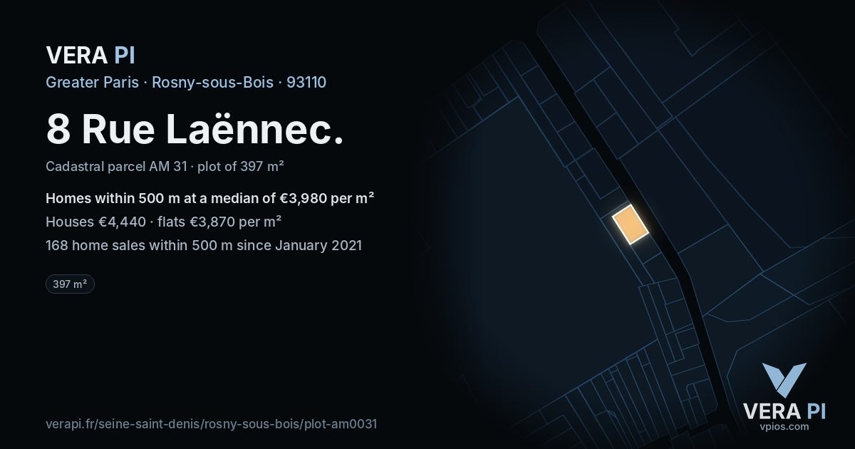 8 Rue Laënnec, Rosny-sous-Bois at night – the plot lit, the parcels around coloured by the prices near them