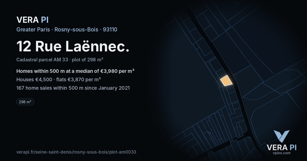 12 Rue Laënnec, Rosny-sous-Bois at night – the plot lit, the parcels around coloured by the prices near them