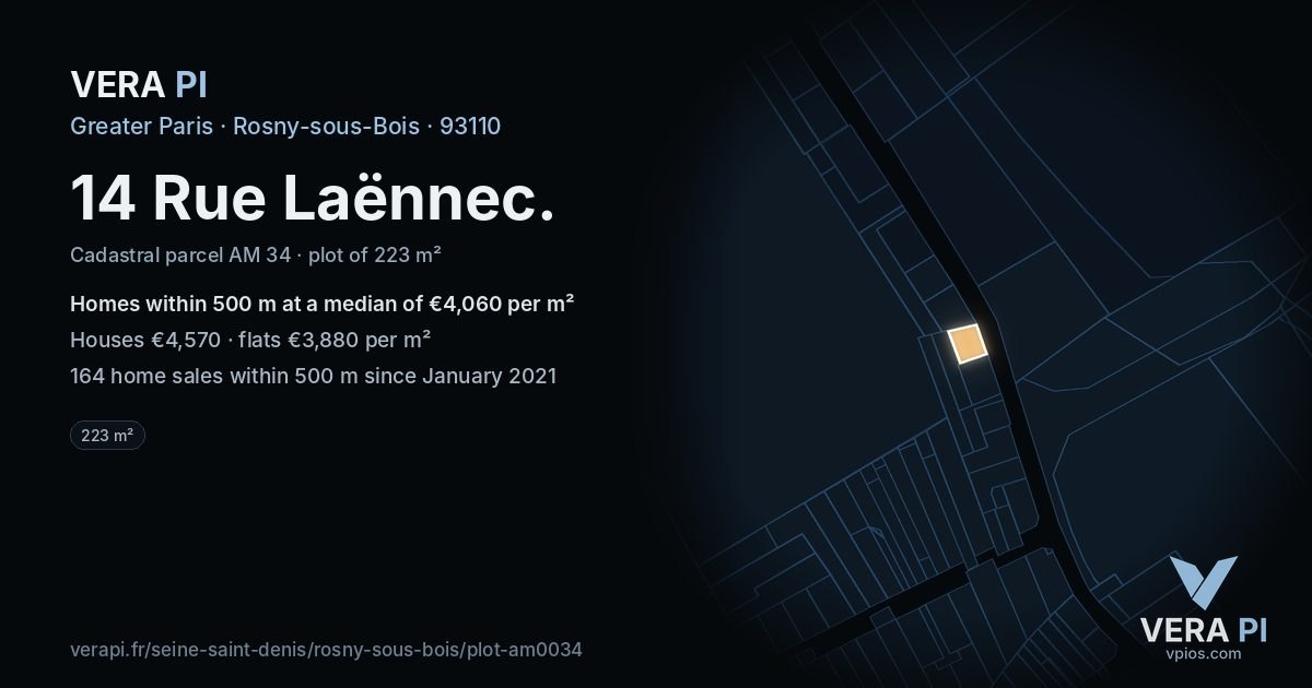 14 Rue Laënnec, Rosny-sous-Bois at night – the plot lit, the parcels around coloured by the prices near them