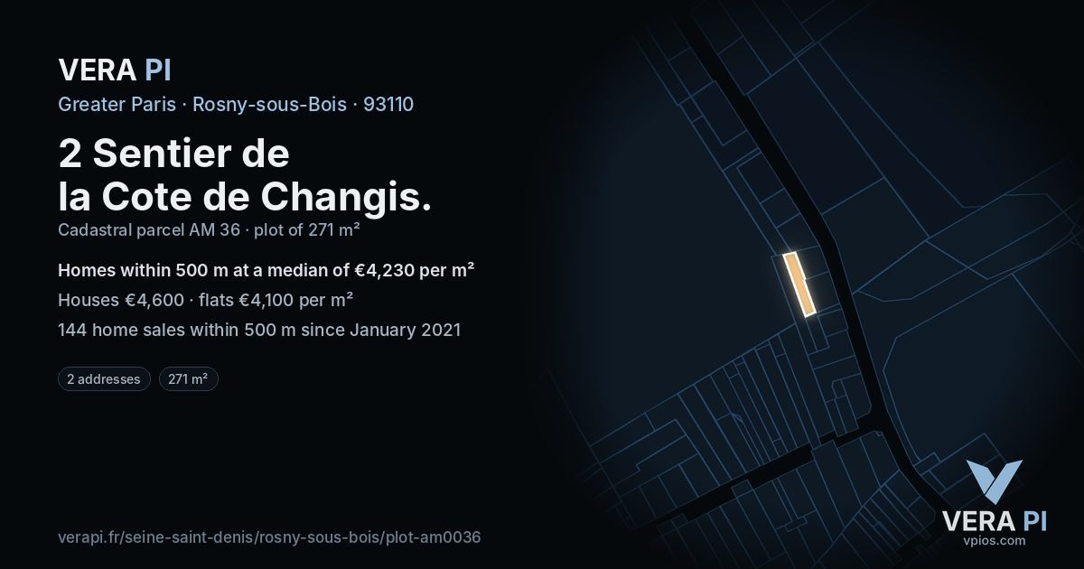 2 Sentier de la Cote de Changis, Rosny-sous-Bois at night – the plot lit, the parcels around coloured by the prices near them
