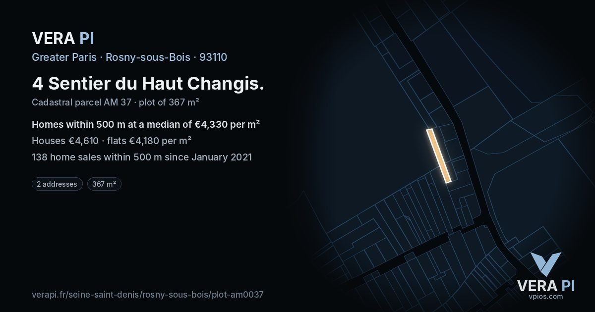 4 Sentier du Haut Changis, Rosny-sous-Bois at night – the plot lit, the parcels around coloured by the prices near them
