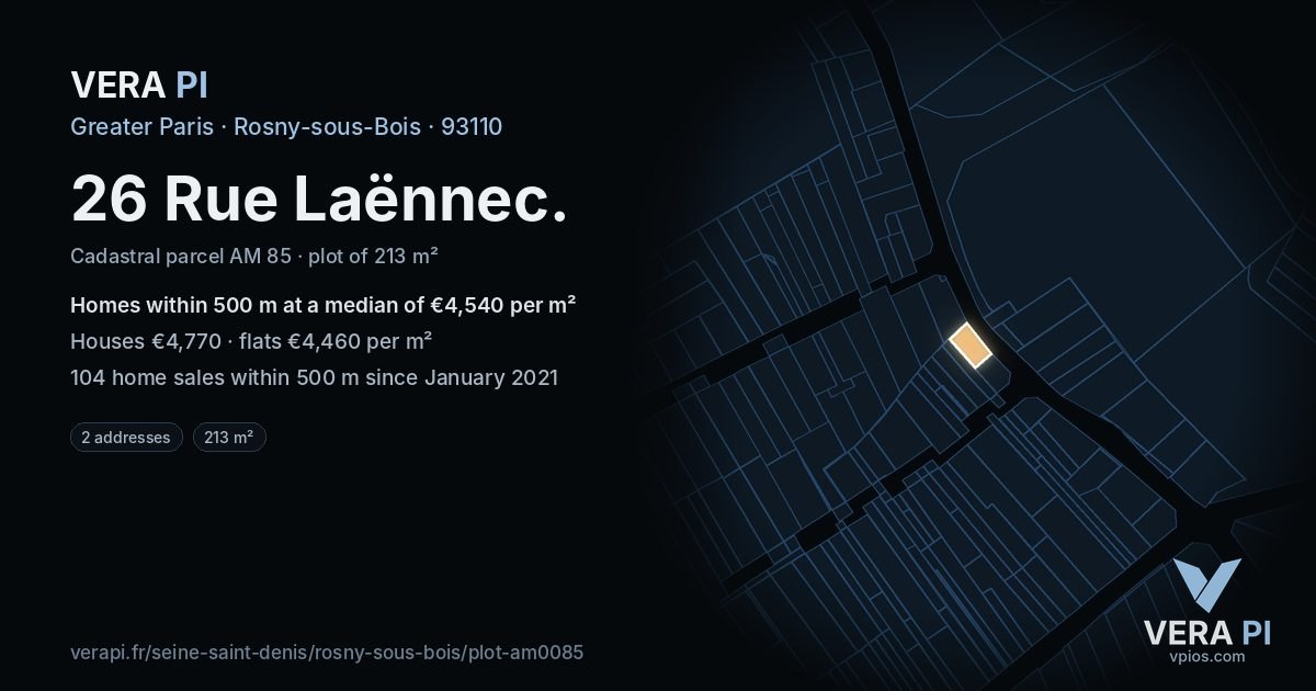 26 Rue Laënnec, Rosny-sous-Bois at night – the plot lit, the parcels around coloured by the prices near them