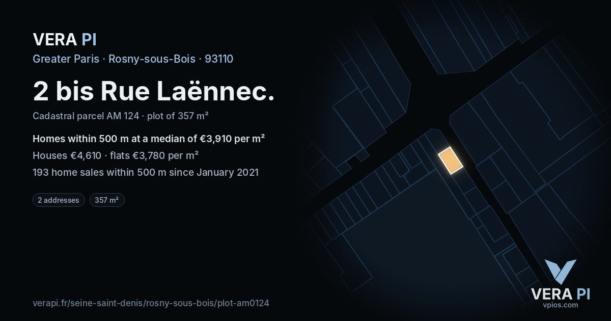 2 bis Rue Laënnec, Rosny-sous-Bois at night – the plot lit, the parcels around coloured by the prices near them