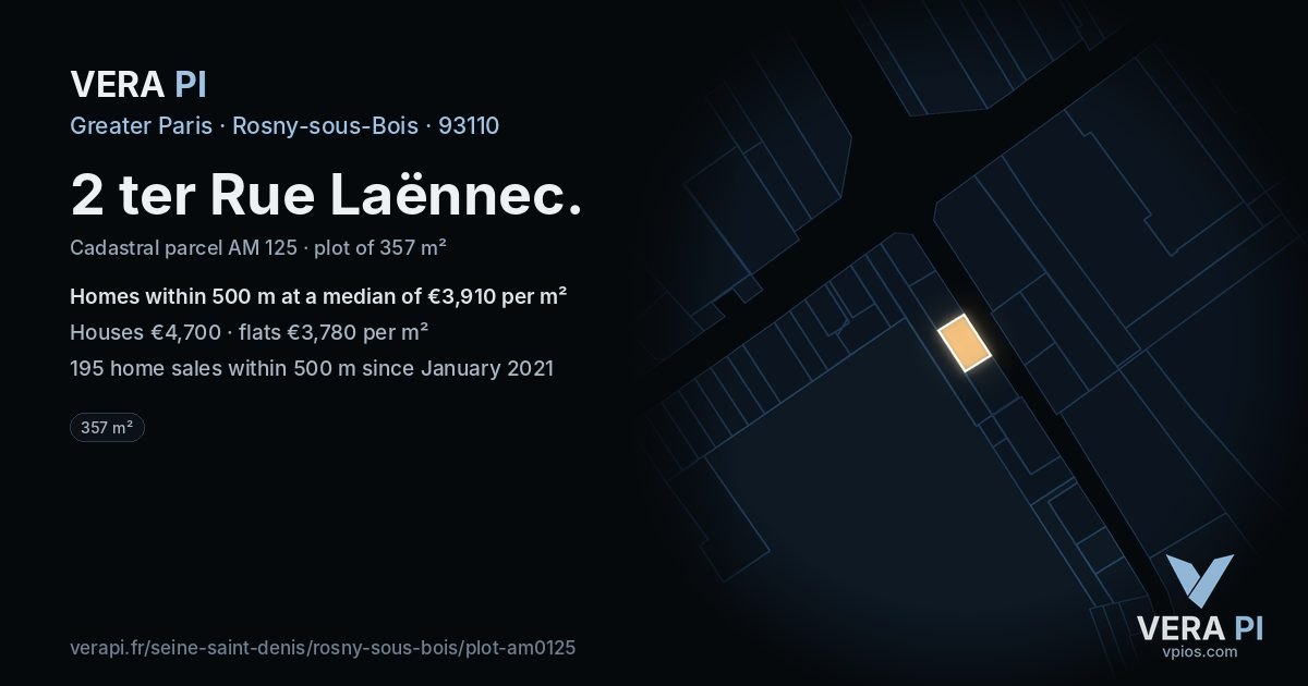 2 ter Rue Laënnec, Rosny-sous-Bois at night – the plot lit, the parcels around coloured by the prices near them