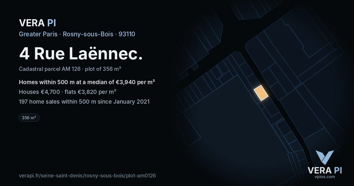 4 Rue Laënnec, Rosny-sous-Bois at night – the plot lit, the parcels around coloured by the prices near them