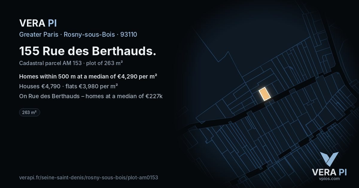 155 Rue des Berthauds, Rosny-sous-Bois at night – the plot lit, the parcels around coloured by the prices near them