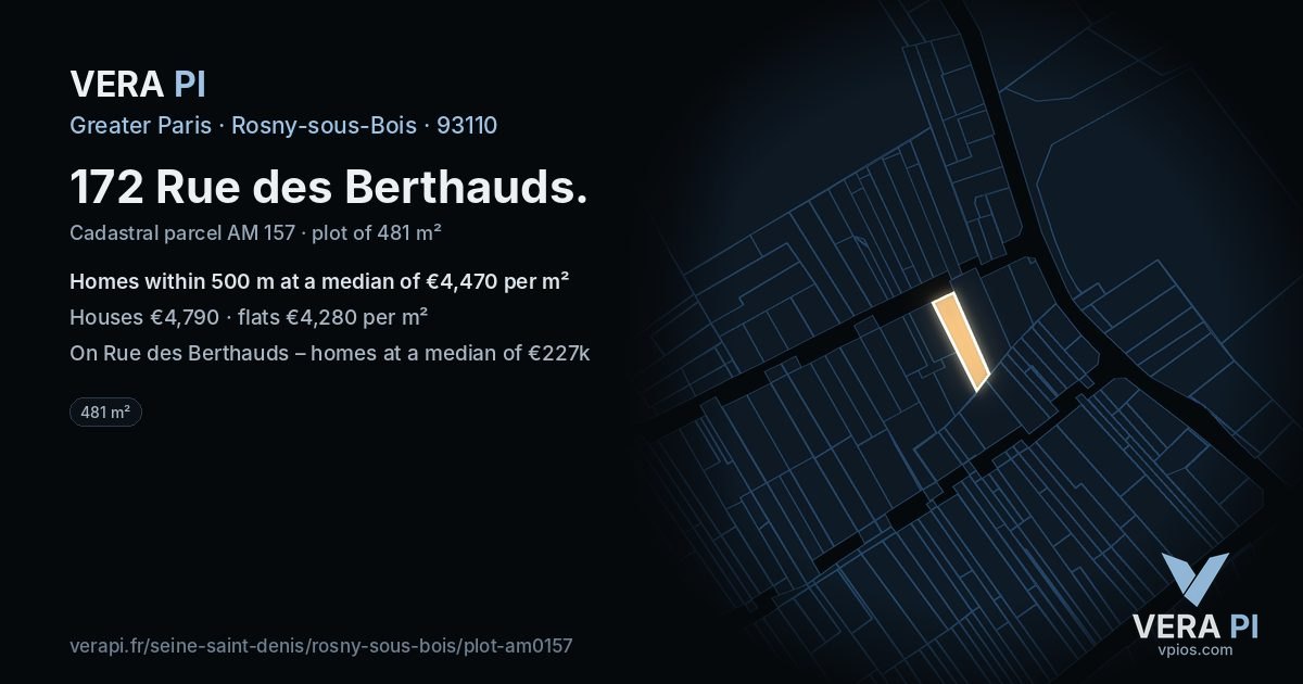 172 Rue des Berthauds, Rosny-sous-Bois at night – the plot lit, the parcels around coloured by the prices near them