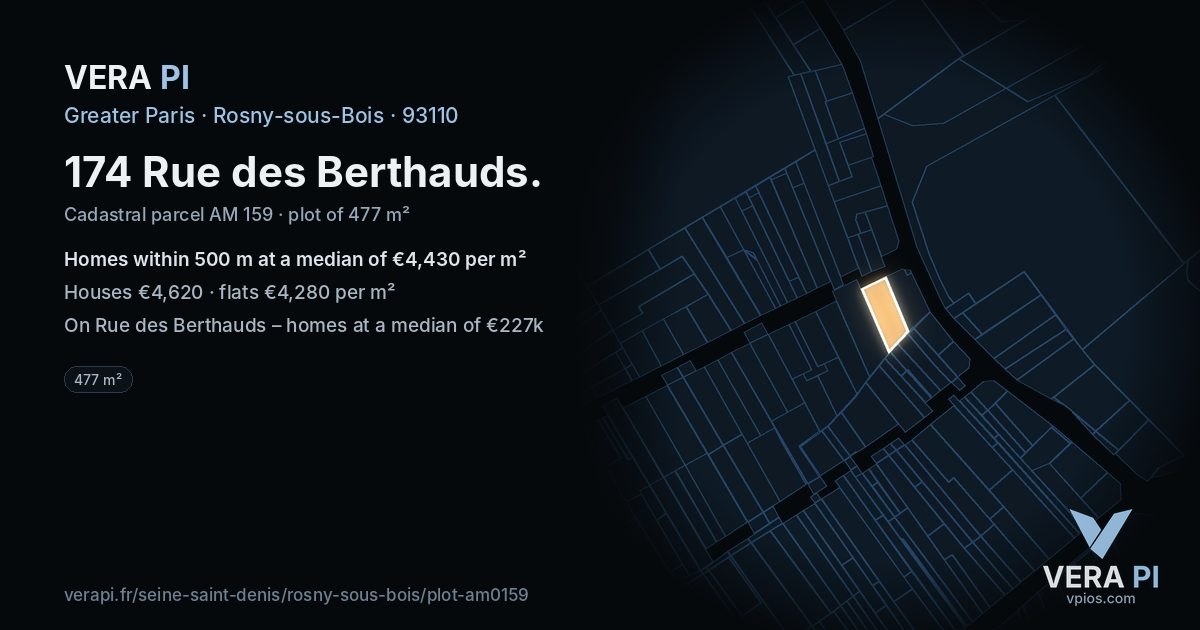 174 Rue des Berthauds, Rosny-sous-Bois at night – the plot lit, the parcels around coloured by the prices near them