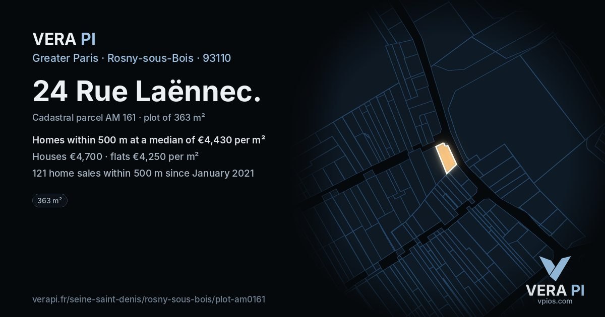 24 Rue Laënnec, Rosny-sous-Bois at night – the plot lit, the parcels around coloured by the prices near them