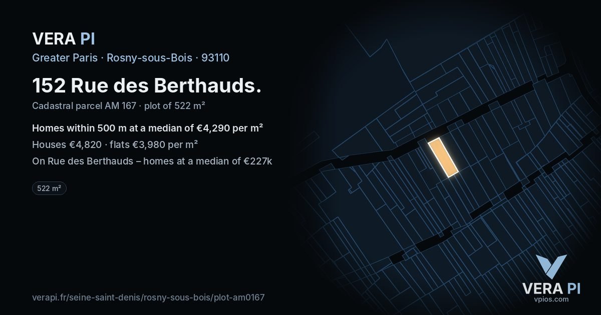 152 Rue des Berthauds, Rosny-sous-Bois at night – the plot lit, the parcels around coloured by the prices near them