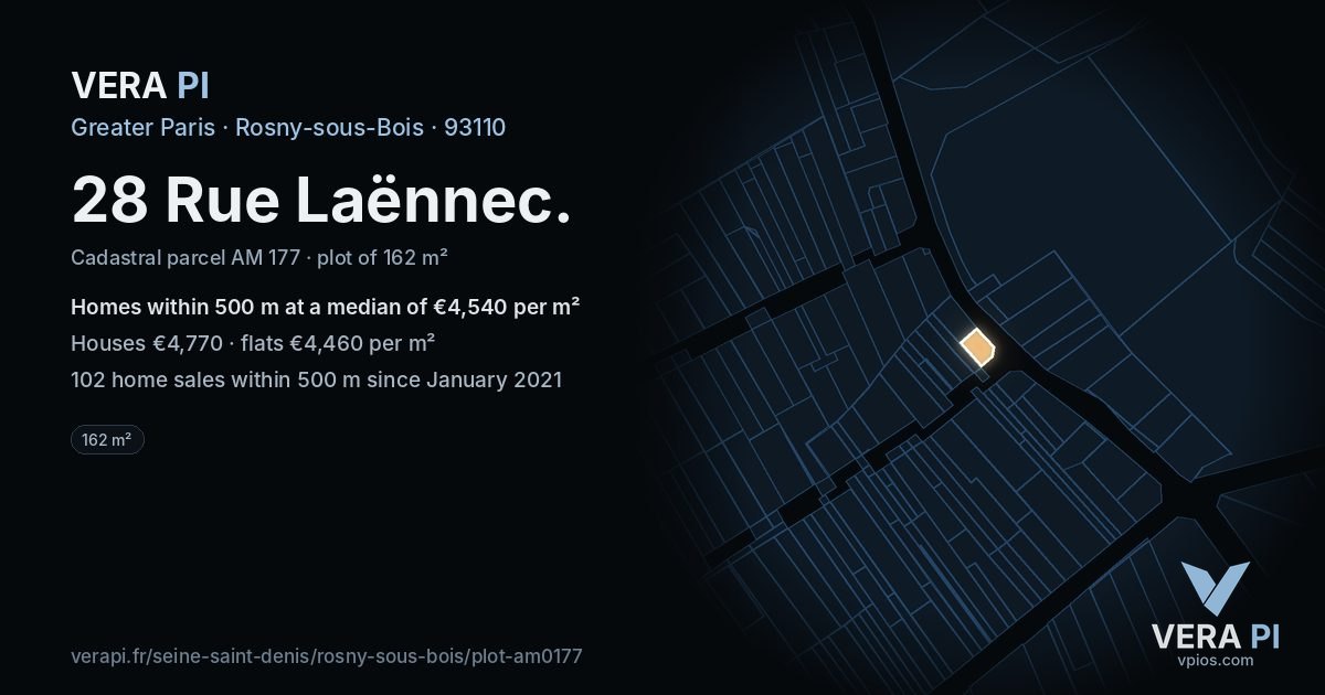 28 Rue Laënnec, Rosny-sous-Bois at night – the plot lit, the parcels around coloured by the prices near them