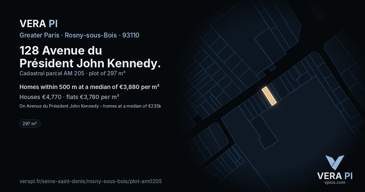 128 Avenue du Président John Kennedy, Rosny-sous-Bois at night – the plot lit, the parcels around coloured by the prices near them