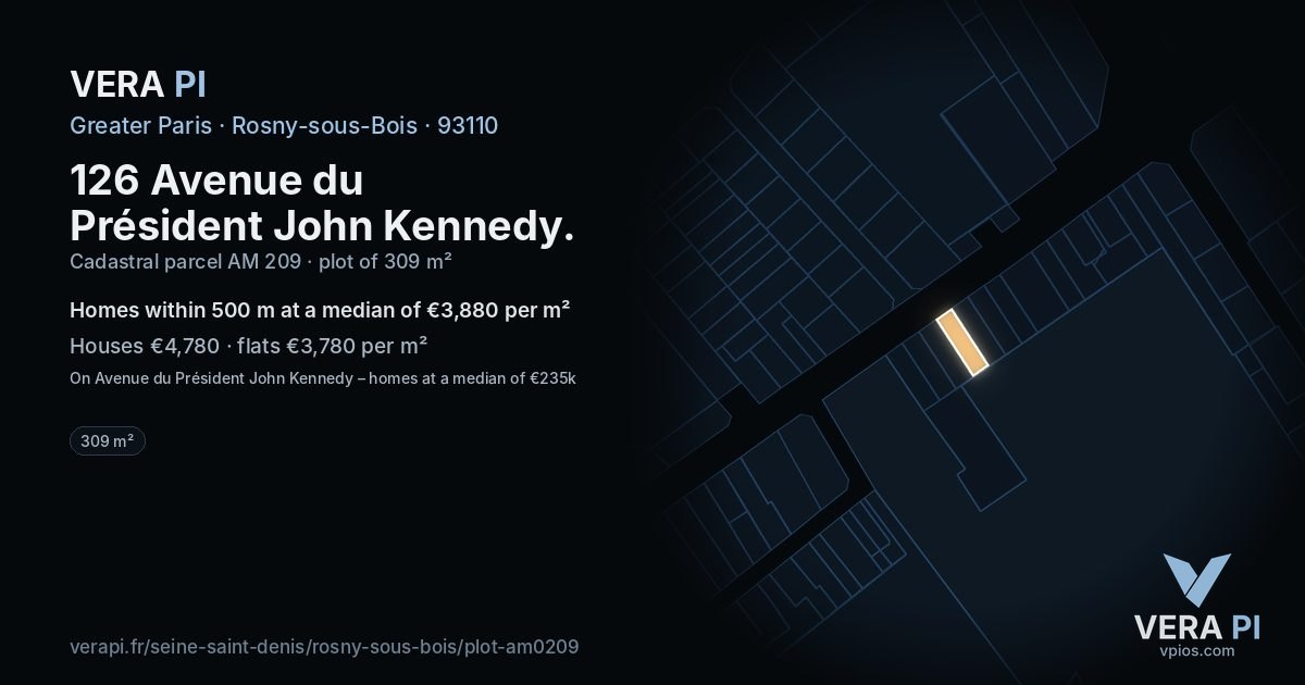 126 Avenue du Président John Kennedy, Rosny-sous-Bois at night – the plot lit, the parcels around coloured by the prices near them