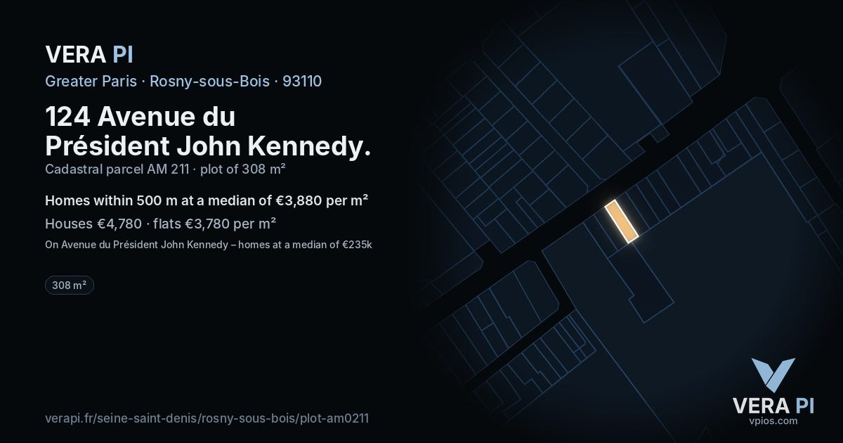 124 Avenue du Président John Kennedy, Rosny-sous-Bois at night – the plot lit, the parcels around coloured by the prices near them