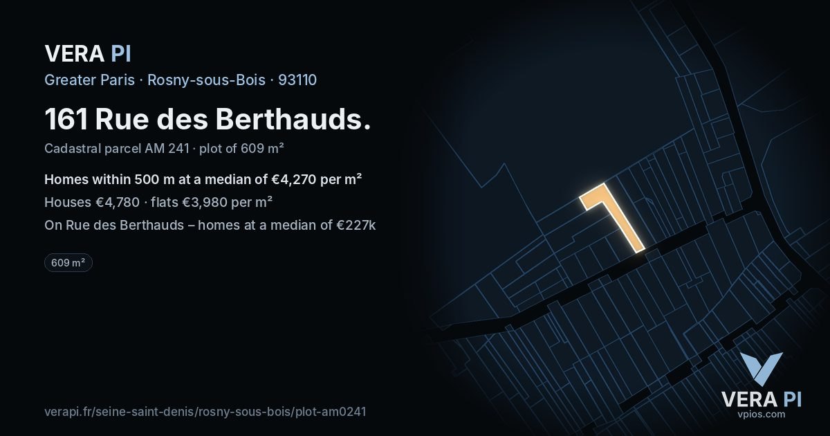 161 Rue des Berthauds, Rosny-sous-Bois at night – the plot lit, the parcels around coloured by the prices near them