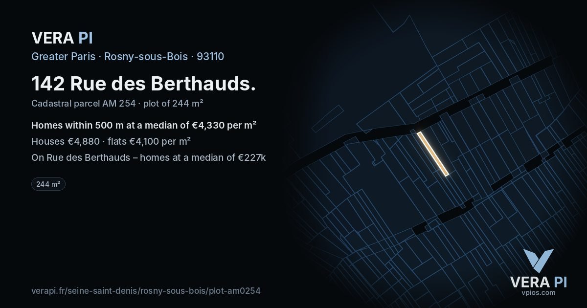 142 Rue des Berthauds, Rosny-sous-Bois at night – the plot lit, the parcels around coloured by the prices near them