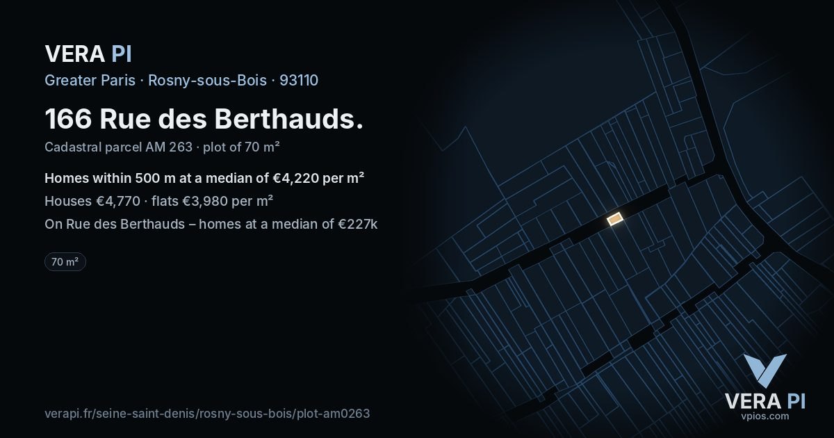 166 Rue des Berthauds, Rosny-sous-Bois at night – the plot lit, the parcels around coloured by the prices near them