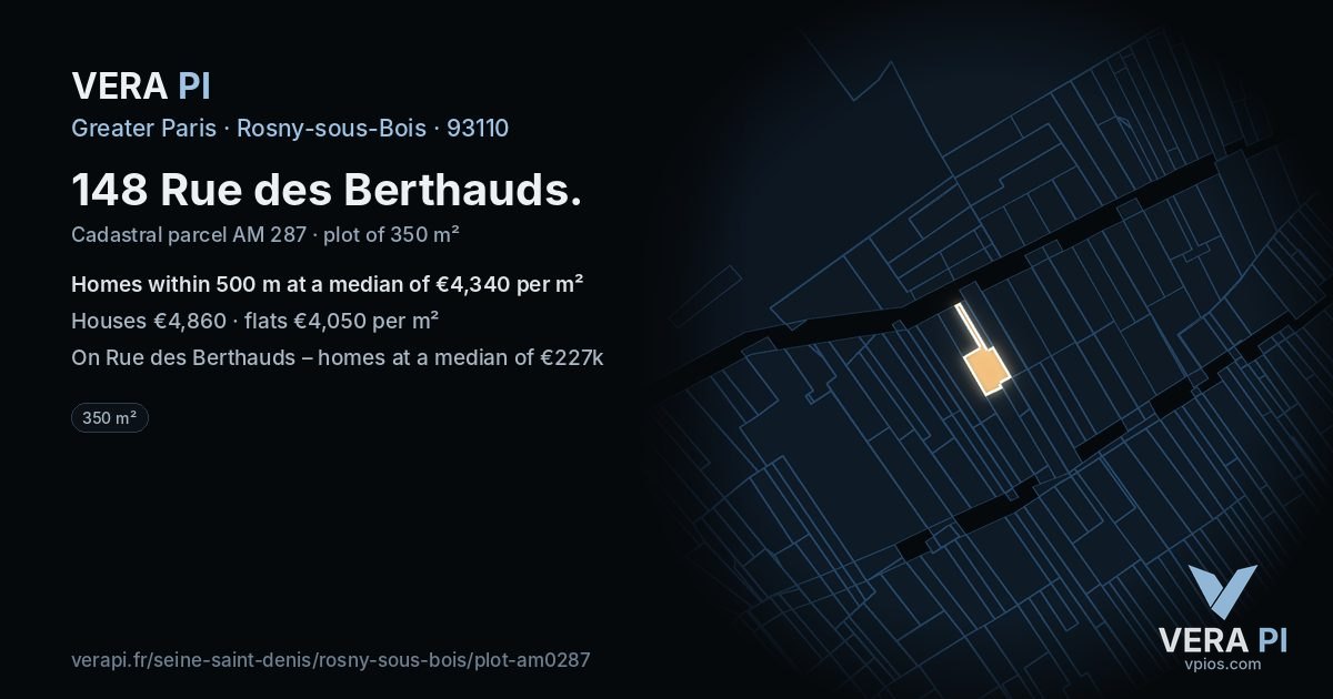 148 Rue des Berthauds, Rosny-sous-Bois at night – the plot lit, the parcels around coloured by the prices near them