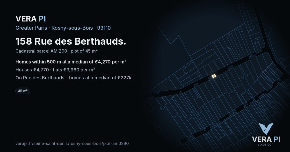 158 Rue des Berthauds, Rosny-sous-Bois at night – the plot lit, the parcels around coloured by the prices near them