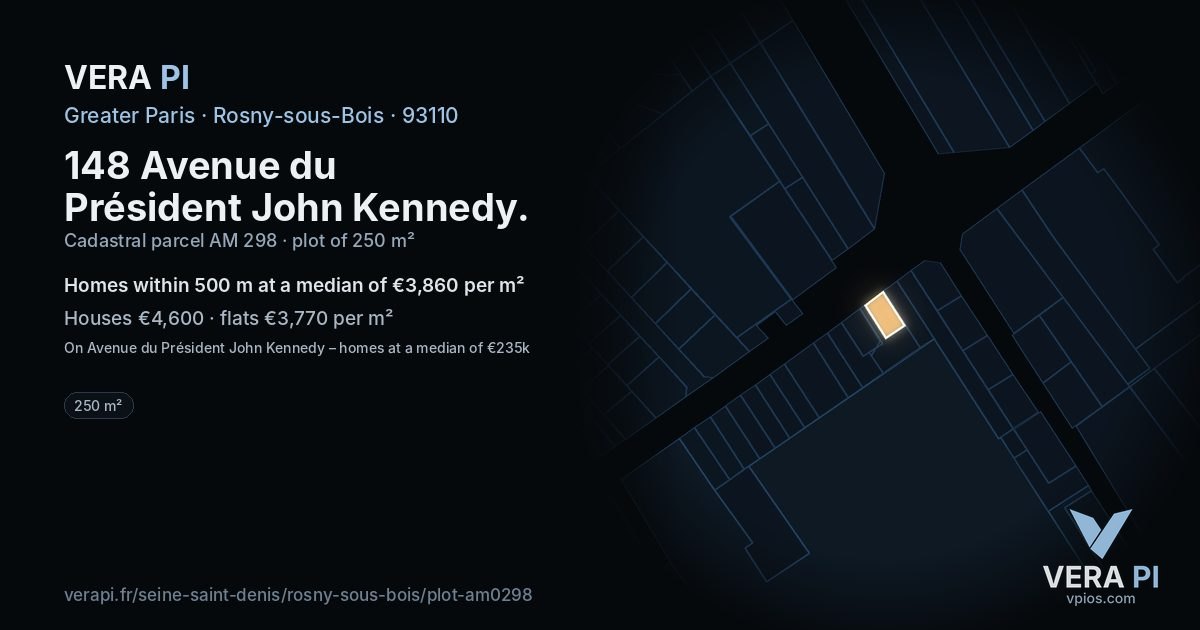 148 Avenue du Président John Kennedy, Rosny-sous-Bois at night – the plot lit, the parcels around coloured by the prices near them