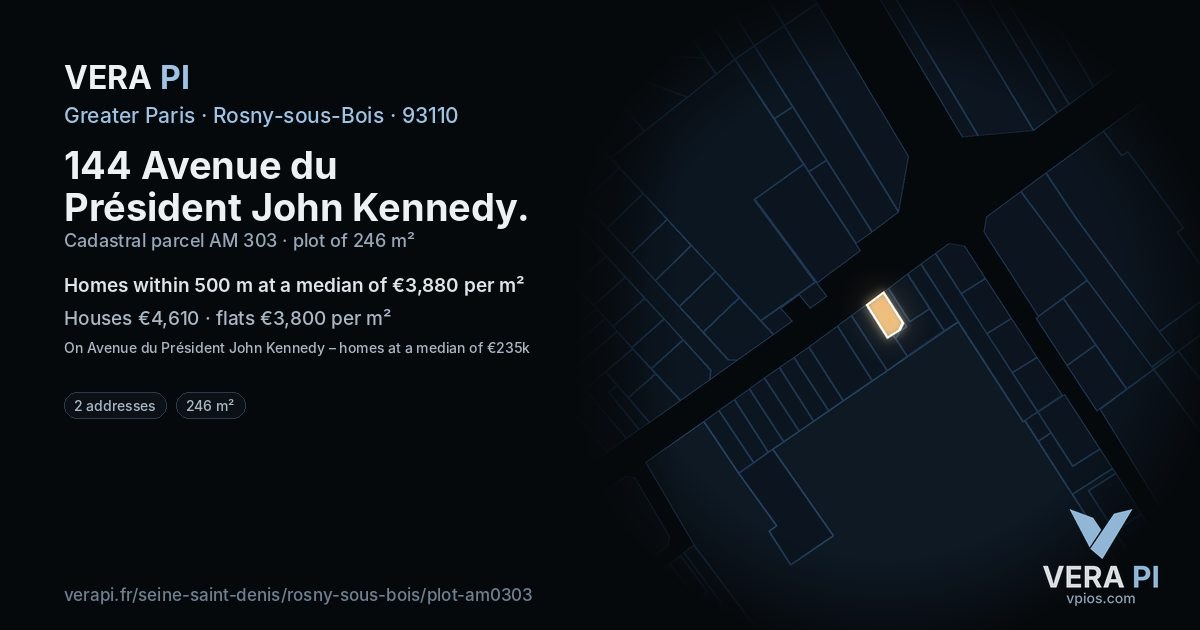 144 Avenue du Président John Kennedy, Rosny-sous-Bois at night – the plot lit, the parcels around coloured by the prices near them