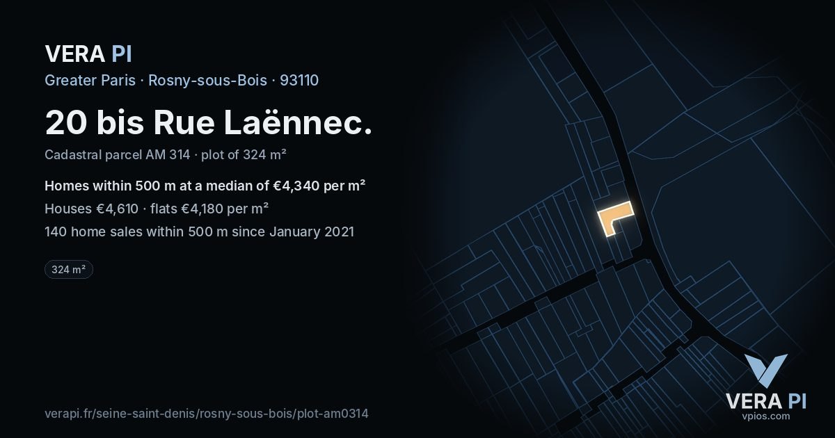 20 bis Rue Laënnec, Rosny-sous-Bois at night – the plot lit, the parcels around coloured by the prices near them