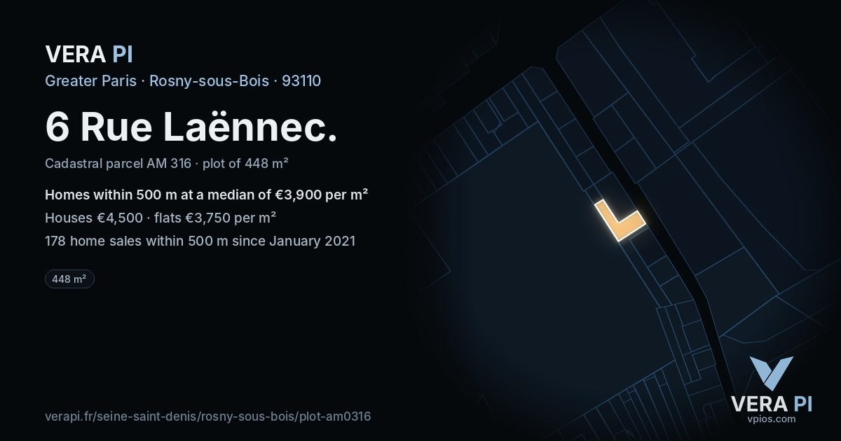 6 Rue Laënnec, Rosny-sous-Bois at night – the plot lit, the parcels around coloured by the prices near them