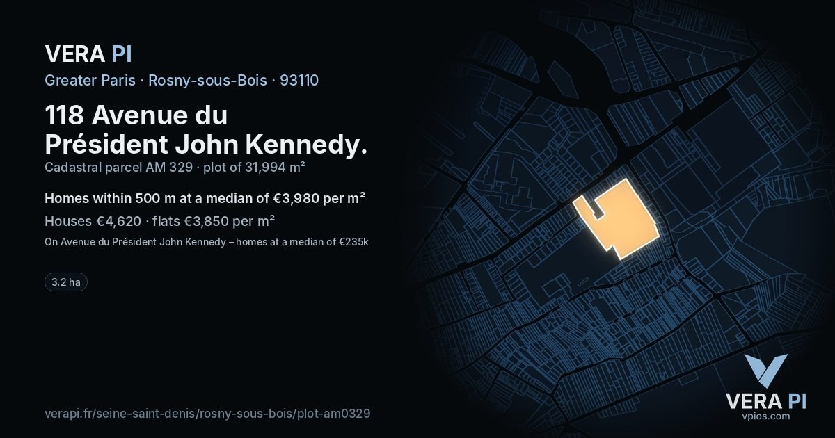 118 Avenue du Président John Kennedy, Rosny-sous-Bois at night – the plot lit, the parcels around coloured by the prices near them