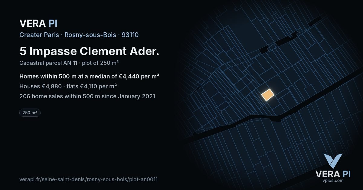 5 Impasse Clement Ader, Rosny-sous-Bois at night – the plot lit, the parcels around coloured by the prices near them