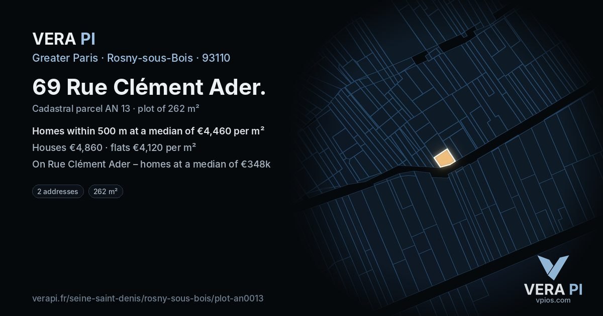 69 Rue Clément Ader, Rosny-sous-Bois at night – the plot lit, the parcels around coloured by the prices near them