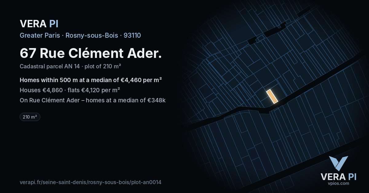 67 Rue Clément Ader, Rosny-sous-Bois at night – the plot lit, the parcels around coloured by the prices near them