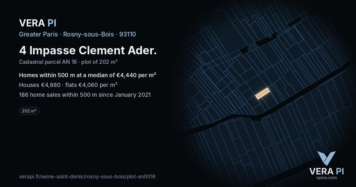 4 Impasse Clement Ader, Rosny-sous-Bois at night – the plot lit, the parcels around coloured by the prices near them