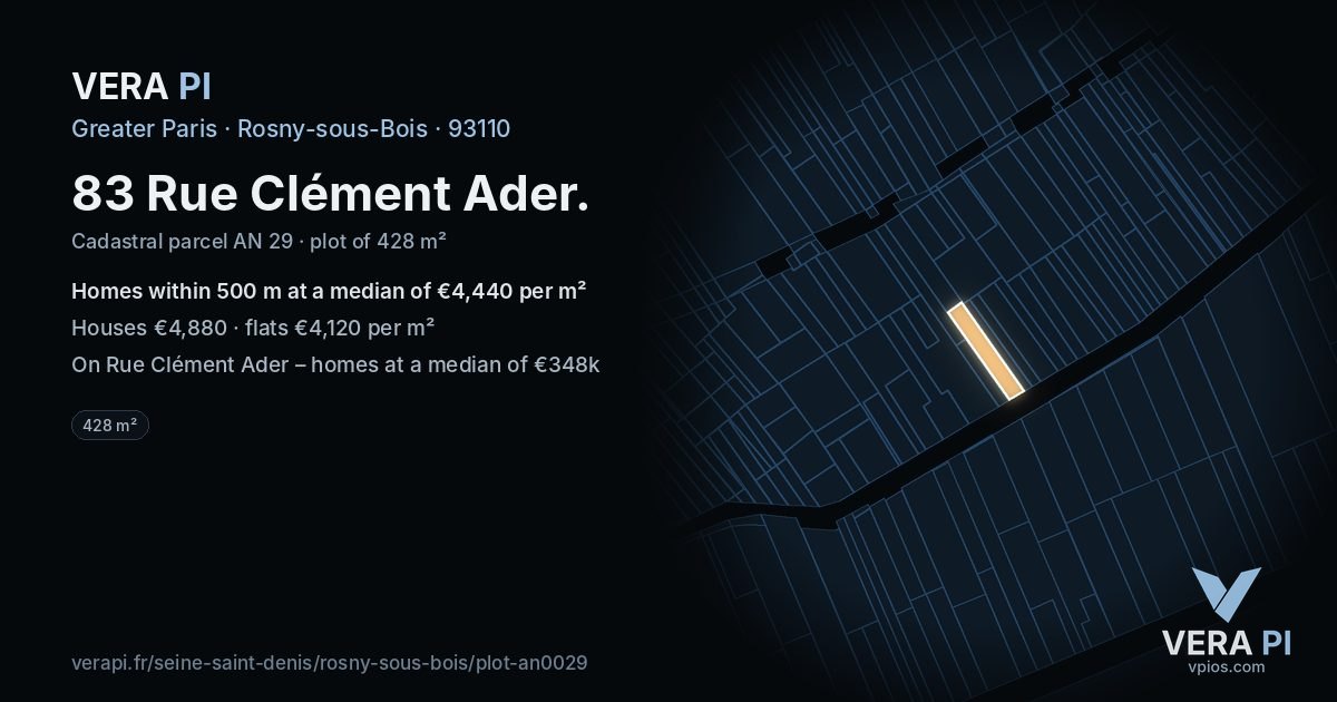 83 Rue Clément Ader, Rosny-sous-Bois at night – the plot lit, the parcels around coloured by the prices near them