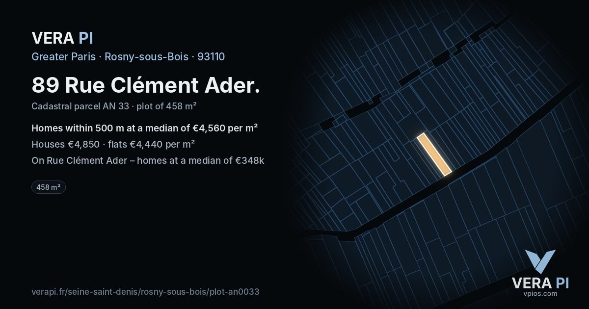 89 Rue Clément Ader, Rosny-sous-Bois at night – the plot lit, the parcels around coloured by the prices near them