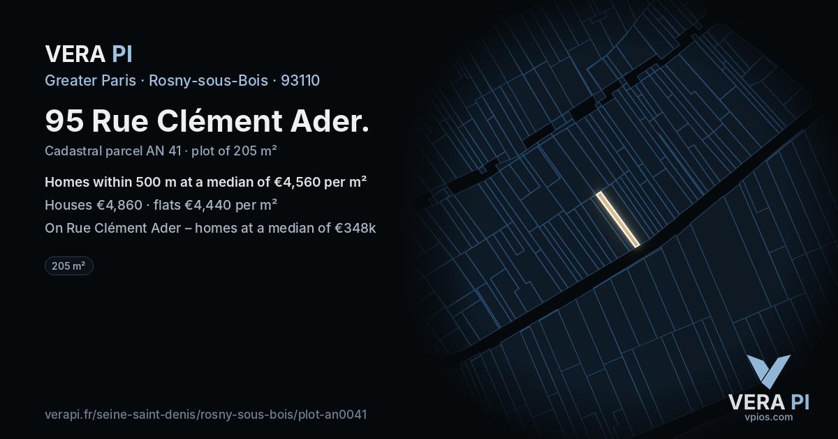 95 Rue Clément Ader, Rosny-sous-Bois at night – the plot lit, the parcels around coloured by the prices near them