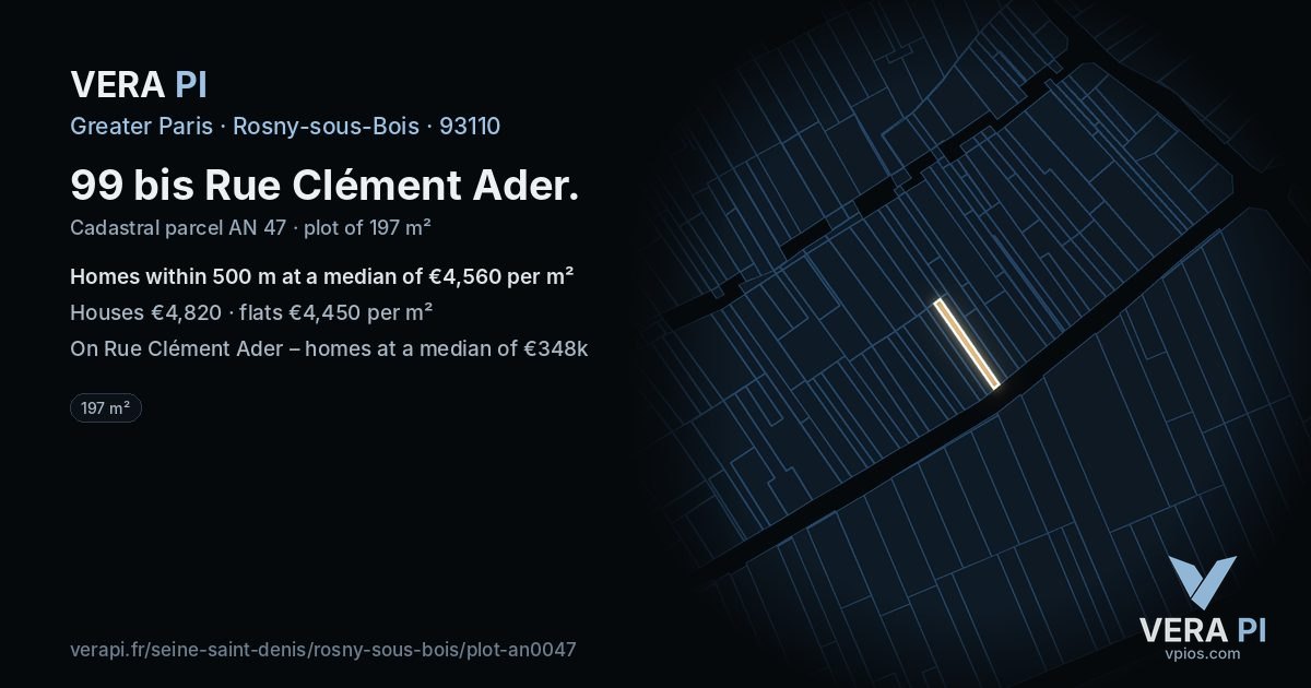 99 bis Rue Clément Ader, Rosny-sous-Bois at night – the plot lit, the parcels around coloured by the prices near them
