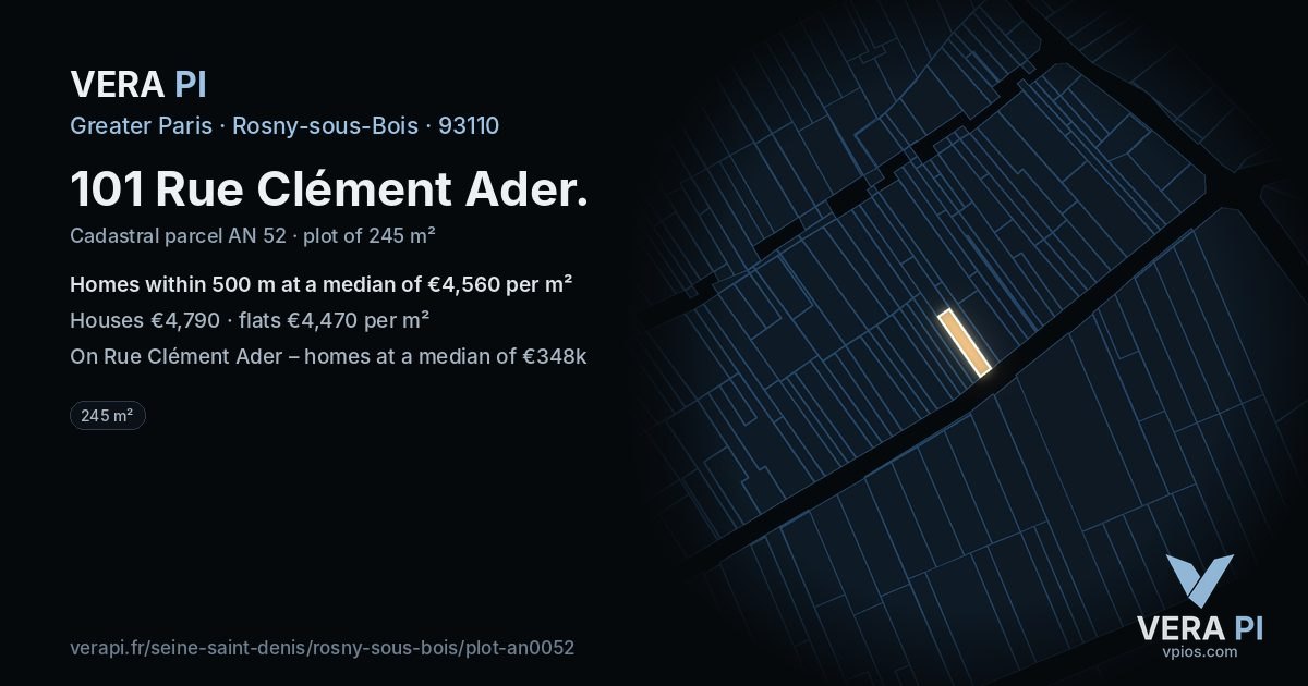 101 Rue Clément Ader, Rosny-sous-Bois at night – the plot lit, the parcels around coloured by the prices near them