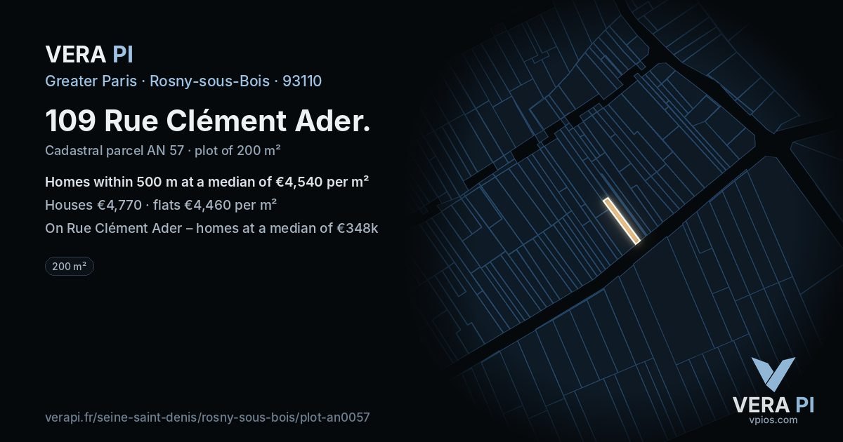 109 Rue Clément Ader, Rosny-sous-Bois at night – the plot lit, the parcels around coloured by the prices near them
