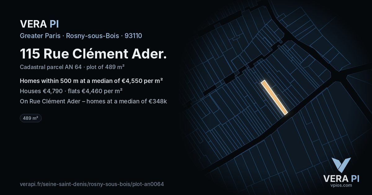 115 Rue Clément Ader, Rosny-sous-Bois at night – the plot lit, the parcels around coloured by the prices near them