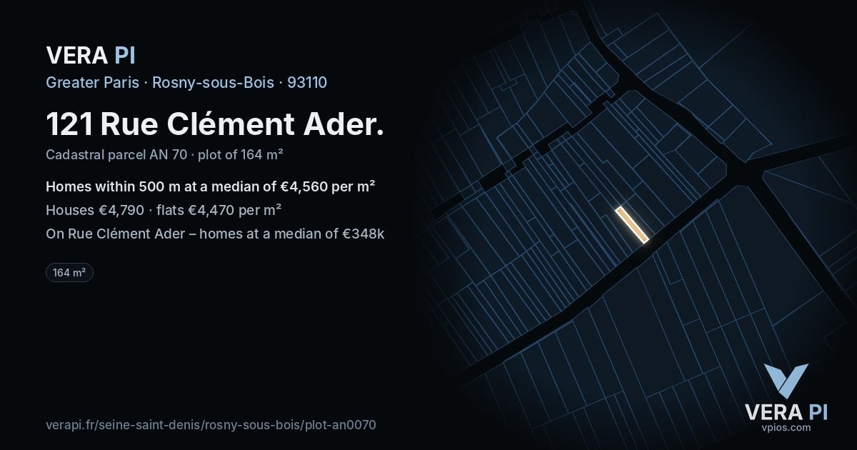 121 Rue Clément Ader, Rosny-sous-Bois at night – the plot lit, the parcels around coloured by the prices near them