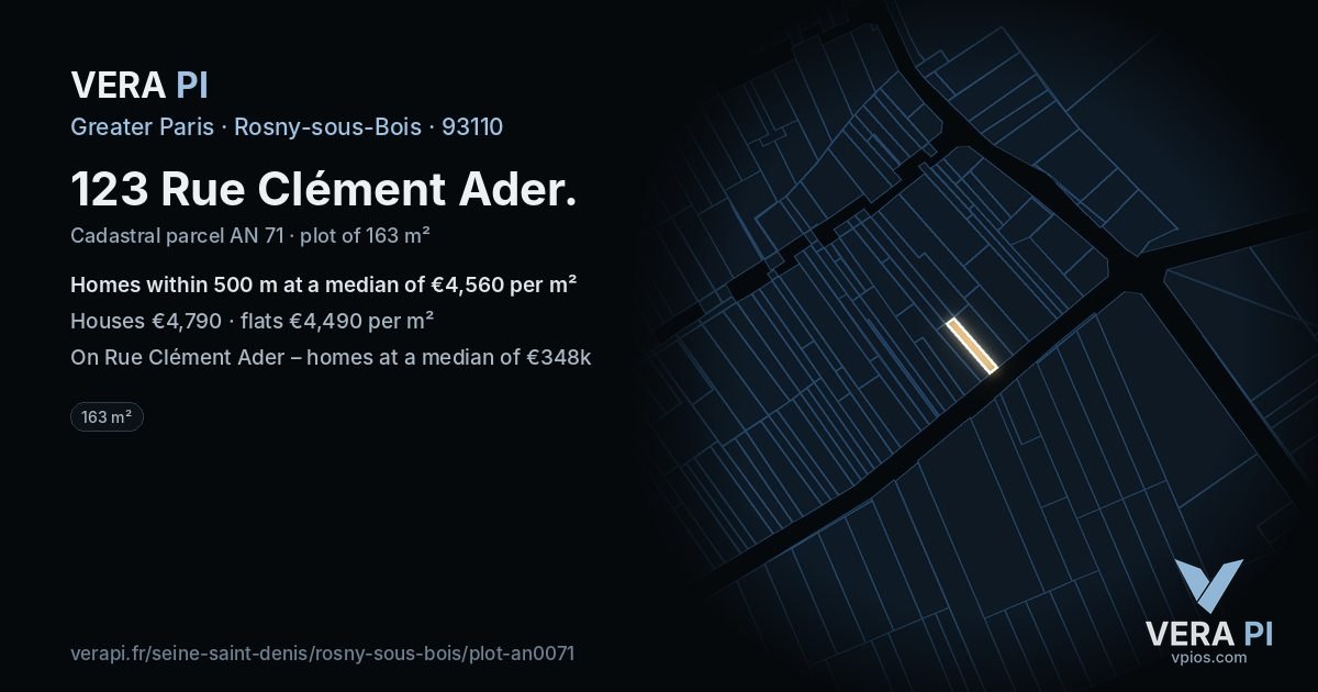 123 Rue Clément Ader, Rosny-sous-Bois at night – the plot lit, the parcels around coloured by the prices near them
