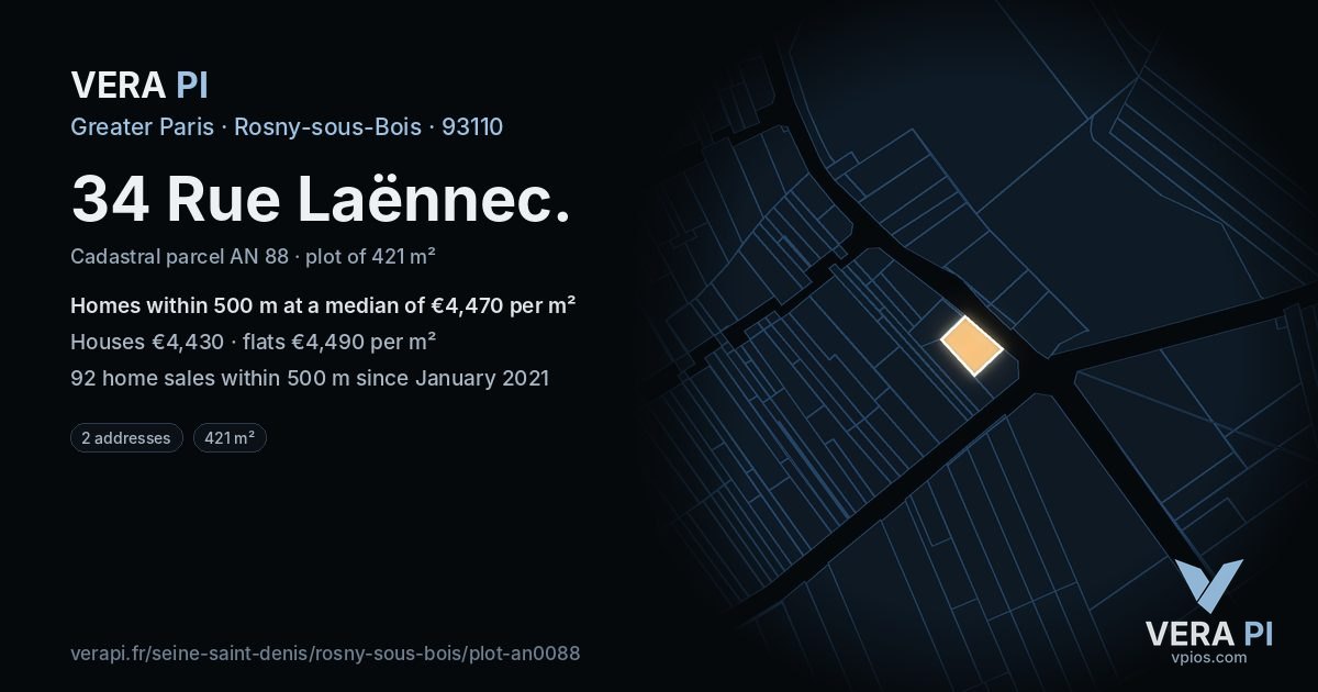 34 Rue Laënnec, Rosny-sous-Bois at night – the plot lit, the parcels around coloured by the prices near them