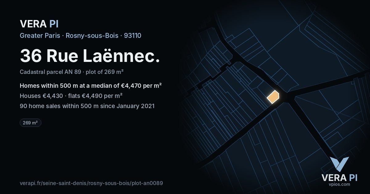 36 Rue Laënnec, Rosny-sous-Bois at night – the plot lit, the parcels around coloured by the prices near them
