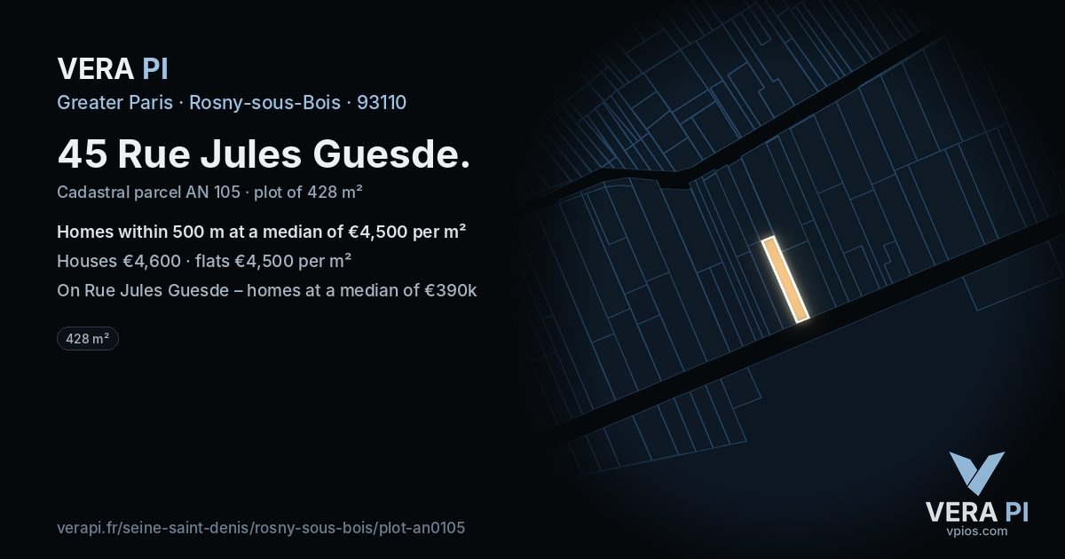 45 Rue Jules Guesde, Rosny-sous-Bois at night – the plot lit, the parcels around coloured by the prices near them