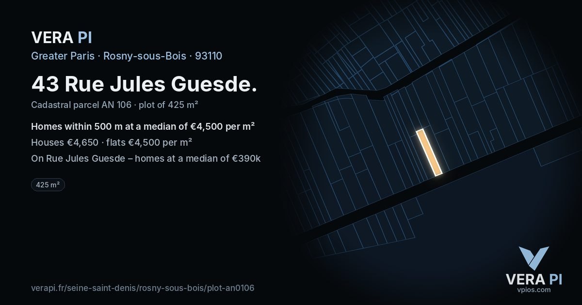43 Rue Jules Guesde, Rosny-sous-Bois at night – the plot lit, the parcels around coloured by the prices near them