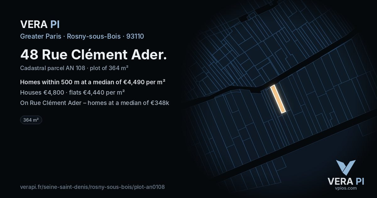 48 Rue Clément Ader, Rosny-sous-Bois at night – the plot lit, the parcels around coloured by the prices near them