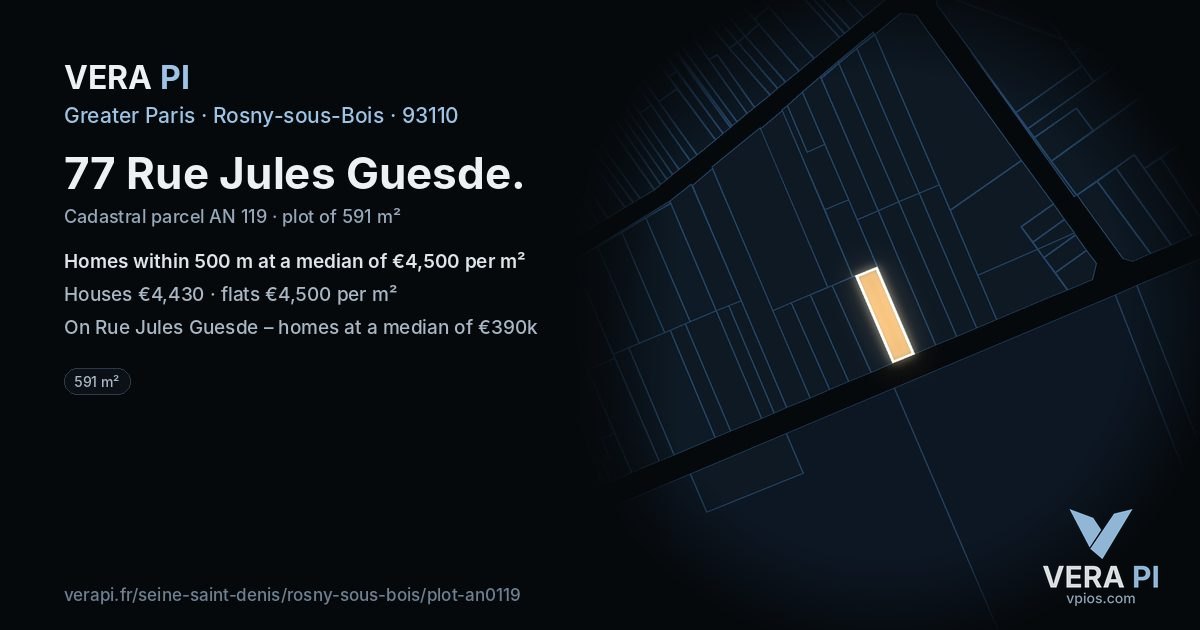 77 Rue Jules Guesde, Rosny-sous-Bois at night – the plot lit, the parcels around coloured by the prices near them