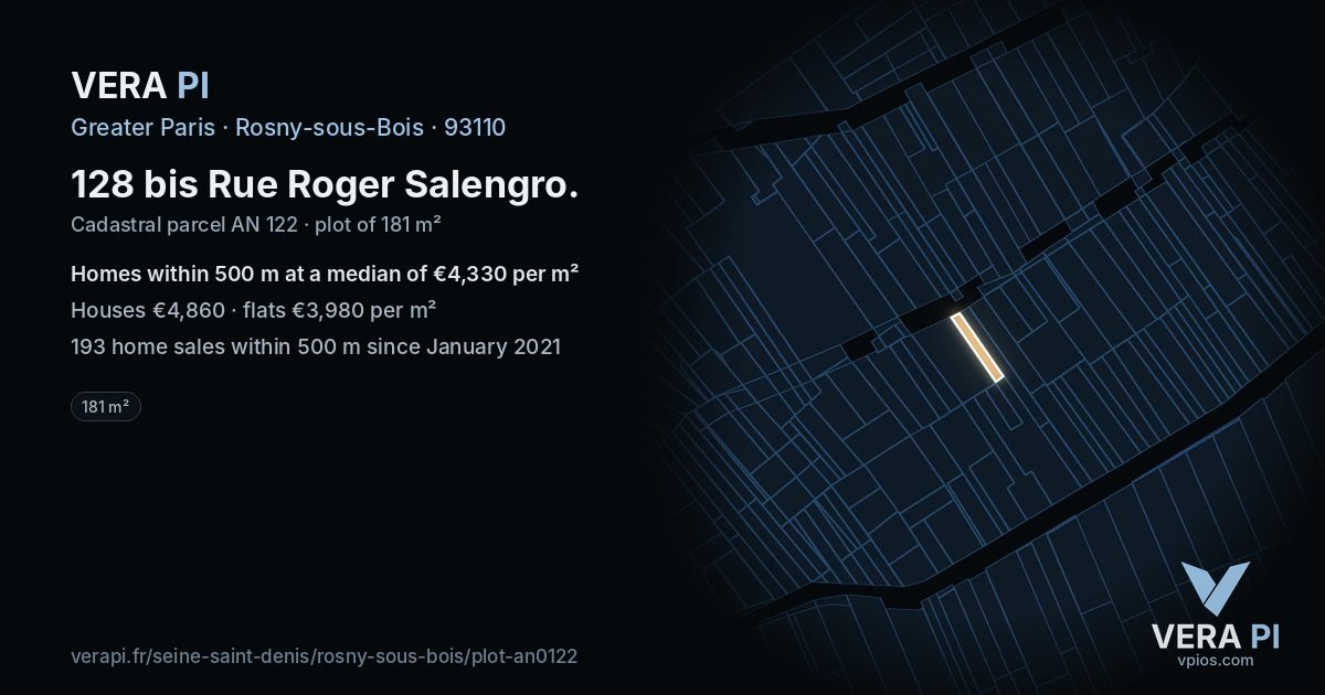 128 bis Rue Roger Salengro, Rosny-sous-Bois at night – the plot lit, the parcels around coloured by the prices near them