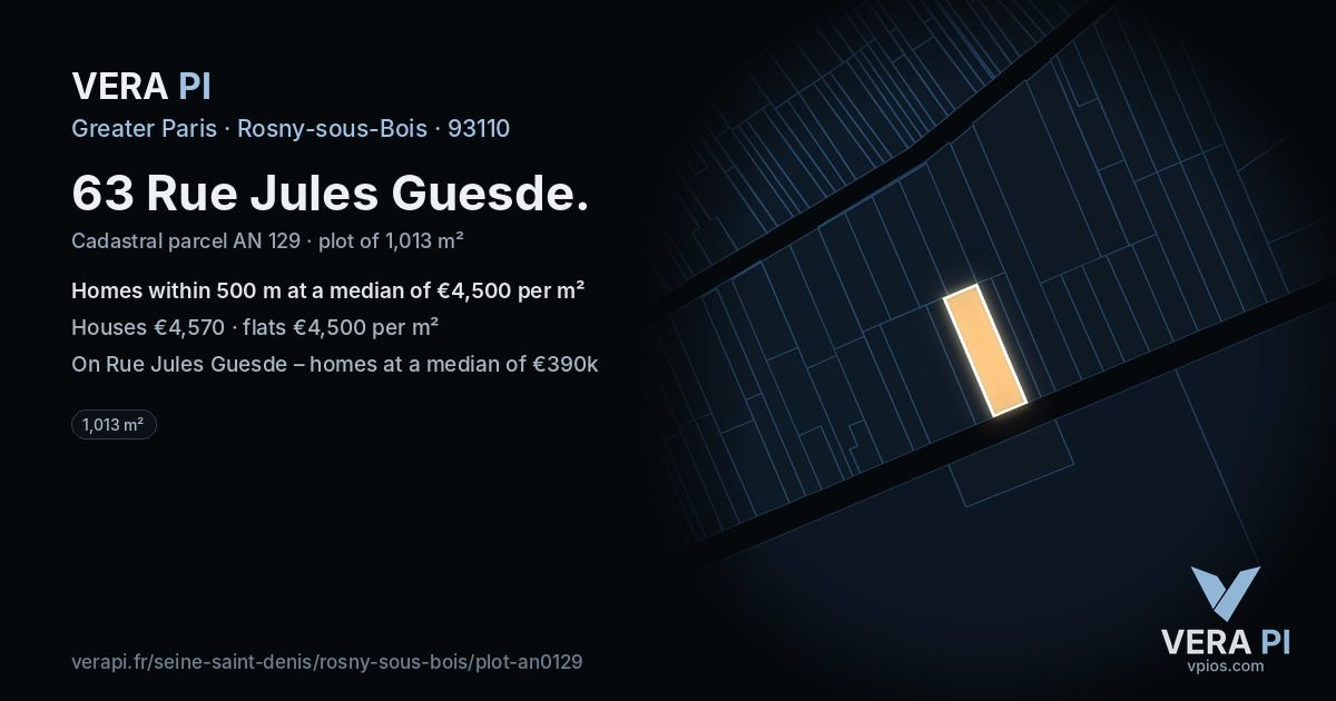 63 Rue Jules Guesde, Rosny-sous-Bois at night – the plot lit, the parcels around coloured by the prices near them