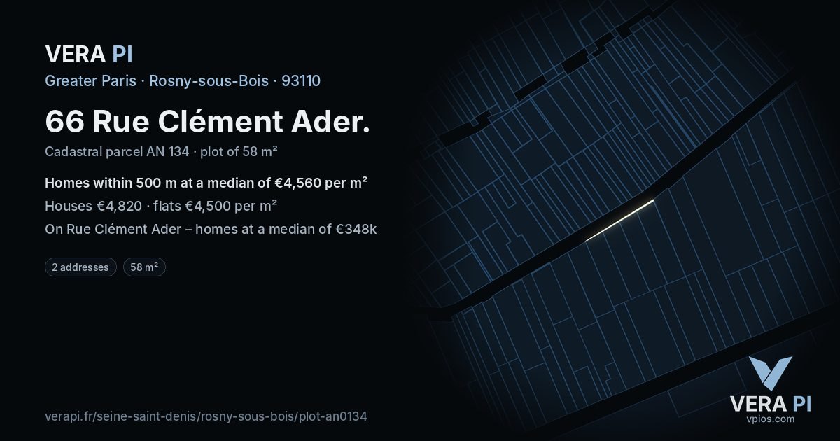 66 Rue Clément Ader, Rosny-sous-Bois at night – the plot lit, the parcels around coloured by the prices near them